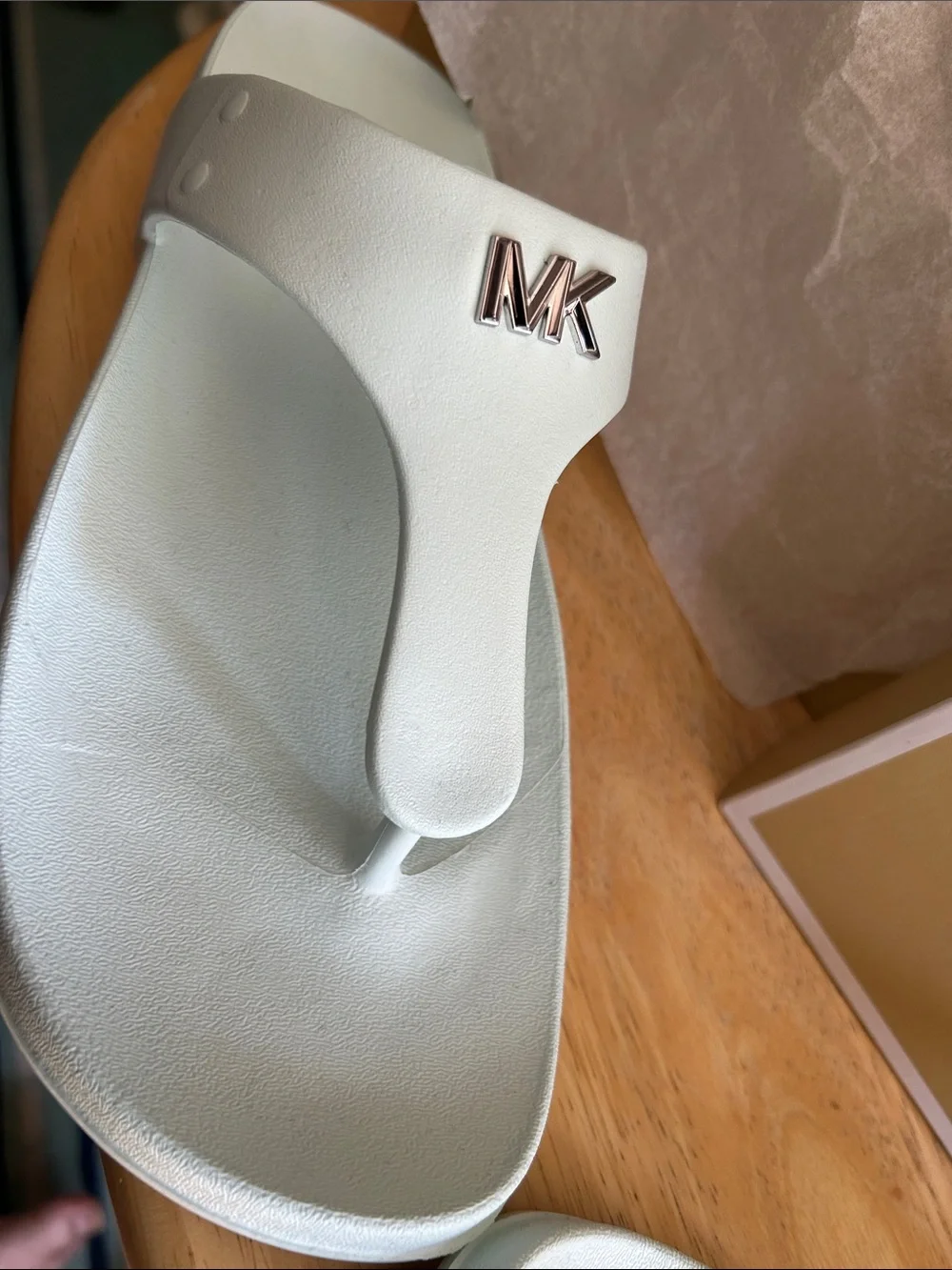 Michael Kors White Thong Sandals with Rose Gold MK Logo